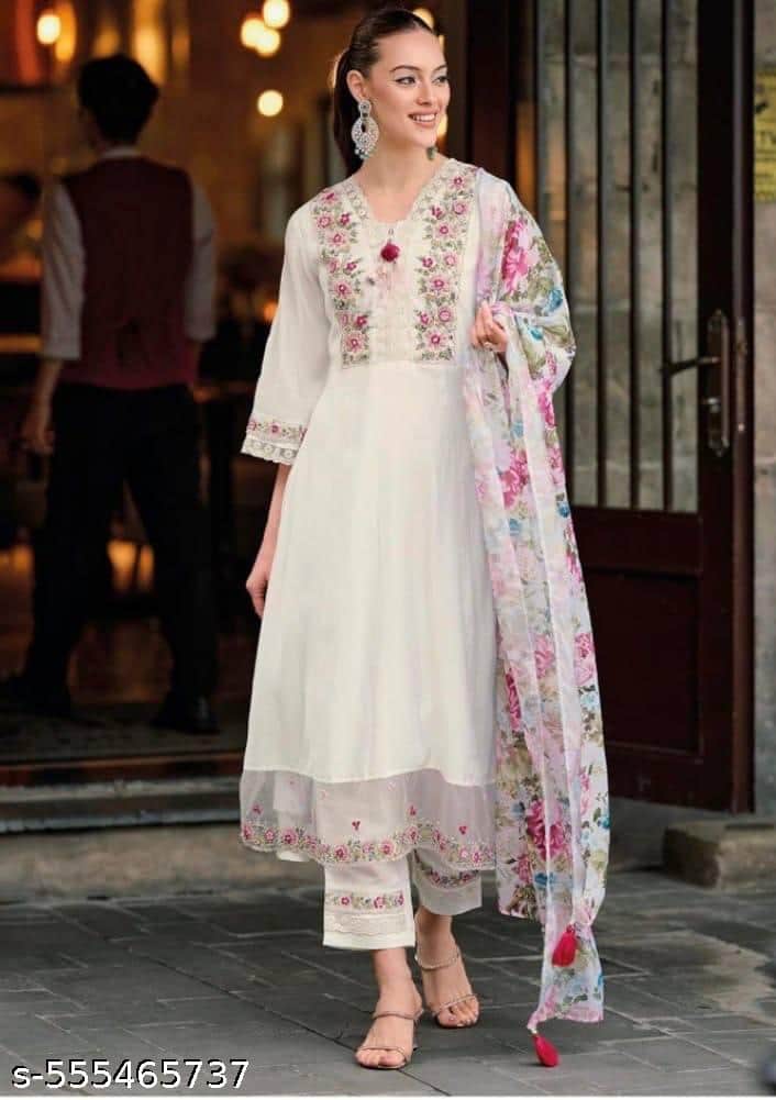 Indo Era Floral Embroidered Thread Work A-Line Kurta With Trousers &amp; Dupatta