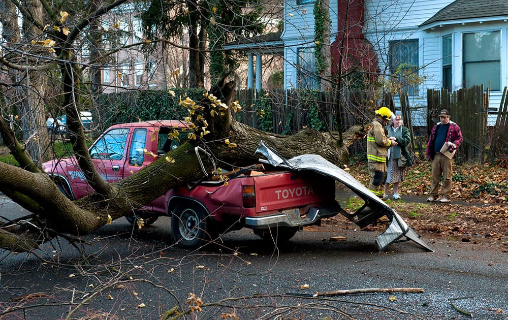 Gary Baden, far right, explains to firefighter Donny Snider how the tree landed on his 92 Totoya pick-up truck in Walla Walla, Wash.