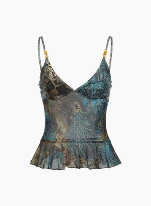 Ethnic Style Sling Backless Gauze Printed Camisole Top