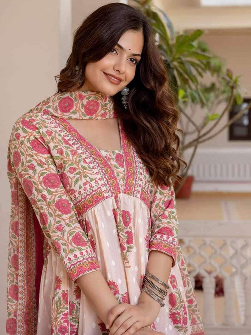 ladies dress material cotton Ruby Pink Floral Digital Printed Mercerised Egyptian Cotton 3 Piece Set Women Dress Material in Lucknow at 1,500 / Set by Oriental Export House (Closed Down)
