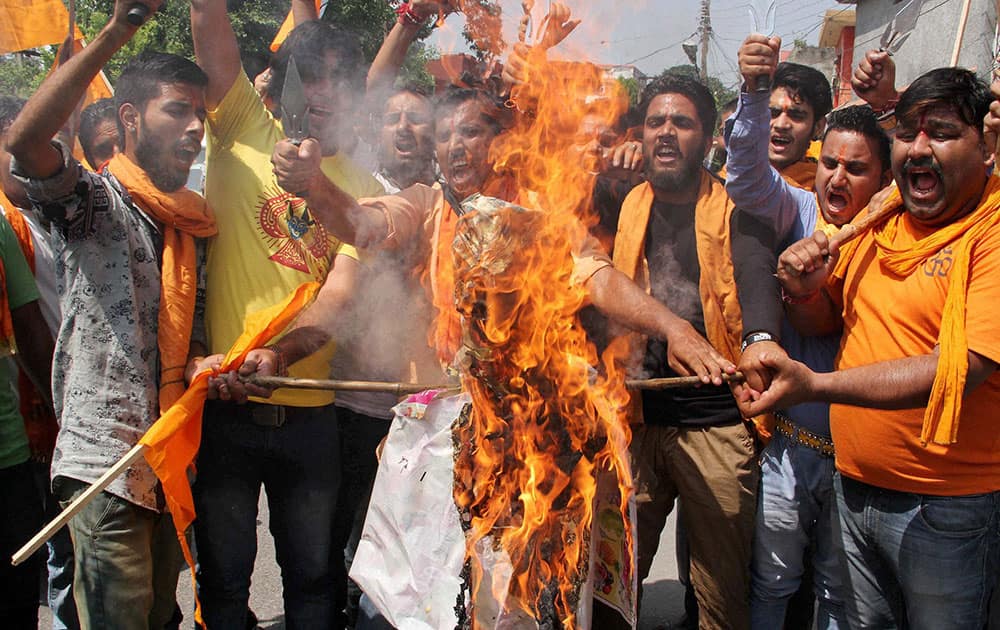 Activists of Bajrang Dal burn an effigy during a protest against the bandh call of Hurriyat and other separatist groups over beef ban, in Jammu.