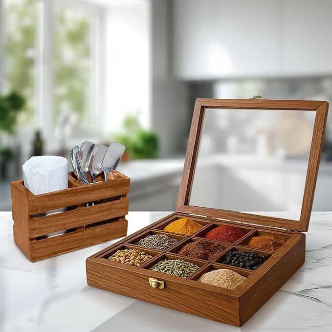 Leaf And Feather Wooden Spice Box Leaf And Feather Wooden Spice Box