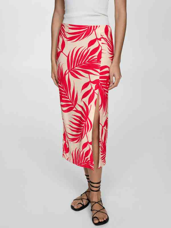 Mango Tropical Print Satin A-Line Midi Skirt