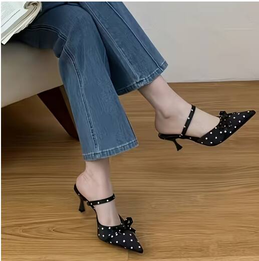 French Style Stiletto Polka Dot Bow Pointed Toe Heels For Women