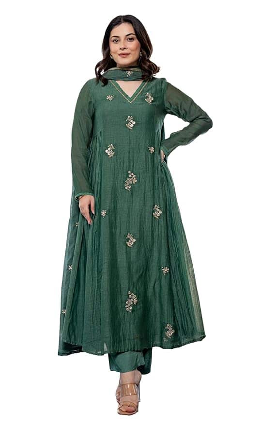 KLOSIA Women Embroidery Solid Anarkali Kurta and Pant Set