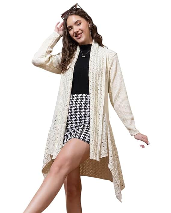 Style Dusk Woolen V-Neck Longline Shrug Cardigan Style Dusk Woolen V-Neck Longline Shrug Cardigan