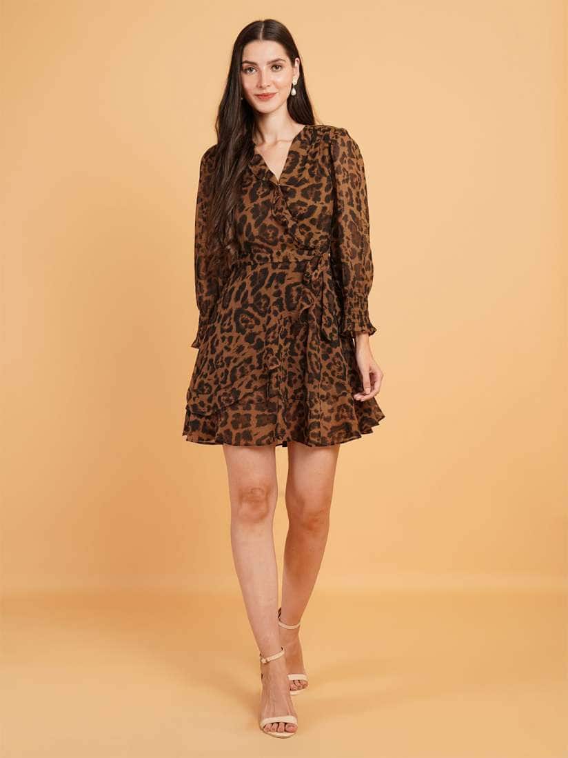 Here&amp;Now Animal Printed Ruffled Wrap Dress