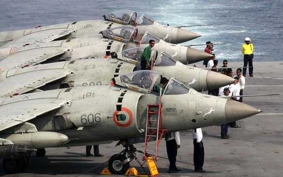 Indian Navy`s Supersonic Sea Harriers fighter aircrafts are prepared for a display during an exercise on board Indian Navy vessel INS Virat in the Arabian Sea off the coast of Mumbai.