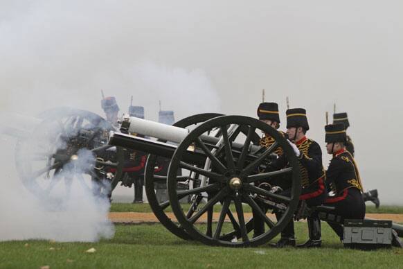 British soldiers from the King`s Troop Royal Horse Artillery (KTRHA), the saluting battery of Her Majesty`s Household Division, fire a Gun Salute for Britain`s Prince of Wales`s birthday, in central London`s Hyde Park.