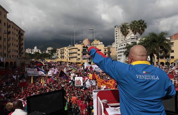 Venezuela`s President Hugo Chavez delivers a speech during a rally in Caracas.