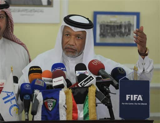 President of the Asian Football Confederation, Mohammed Bin Hammam talks to journalists during a press conference in Kuwait. The president of Kuwait Football Federation Sheikh Talal Al Fahad Al Sabah has pledged the support of his organization in the Qatari`s citizen bid to run against current FIFA president Sepp Blatter for the presidency which will be decided at the FIFA House in Zurich during the 61st FIFA congress. 