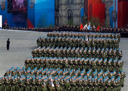 Russian soldiers marsh off the Red Square during a rehearsal for the Victory Day military parade which will take place at Moscow`s Red Square.