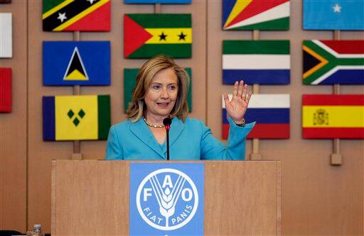 US Secretary of State Hillary Rodham Clinton delivers her address at Rome`s UN`s Food and Agriculture Organisation. Hillary Rodham Clinton warned that global shortages of food and spiraling prices threaten widespread destabilisation and is urging immediate action to forestall a repeat of the 2007 and 2008 crisis that led to riots in dozens of countries around the developing world.