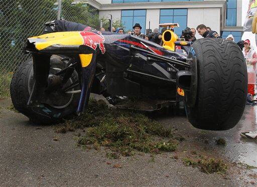 Red Bull German driver Sebastian Vettel car is seen after crashing at pits during the first free practice at the Istanbul Park circuit racetrack, in Istanbul, Turkey. Vettel was unharmed after crashing his Red Bull car during the rainy first practice for the Turkish Grand Prix on Friday. The Formula one race will be held on Sunday.