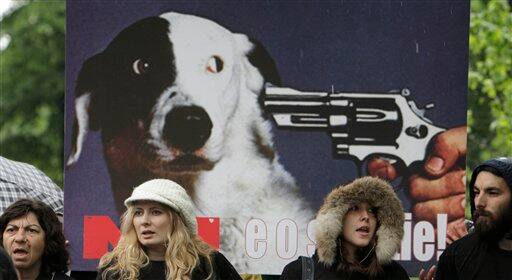 Romanians are back dropped by a poster that reads `It`s not a solution` during a protest by animal rights activists outside the Democratic Liberal ruling party headquarters in Bucharest.