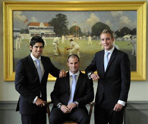 Three England cricket captains, Alastair Cook, left, becomes England`s one-day captain, while Stuart Broad, right, takes the Twenty20 role and Andrew Strauss remains Test skipper but retires from one-day internationals during a press conference at in the Long Room at Lords cricket ground London.