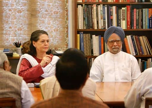 Indian Congress Party President Sonia Gandhi and Prime Minister Manmohan Singh sit for a meeting to condole the death of Arunachal Pradesh state chief minister Dorji Khandu in New Delhi.