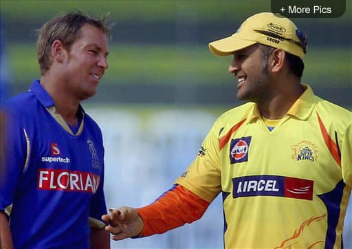 Captains of Rajasthan Royals` Shane Warne and Chennai Super Kings` Mahendra Singh Dhoni interact during the toss before their Indian Premier League (IPL) cricket match in Chennai.