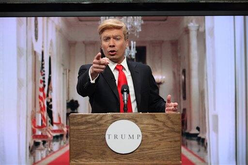 In this publicity image released by NBC, Jimmy Fallon, host of 