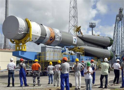 Russia`s Soyuz-ST-B spacecraft is shown to the media at the Guiana Space Center in Kourou, French Guiana.