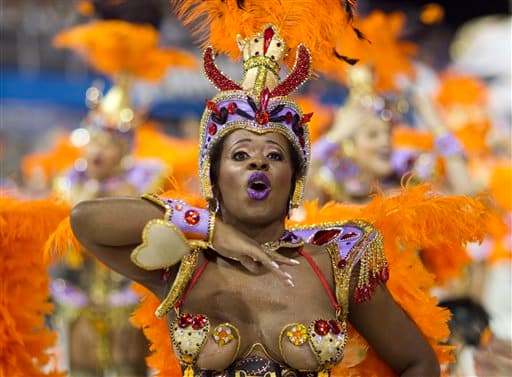 A dancer performs during the parade of Nene de Vila Matilde samba school in Sao Paulo, Brazil.