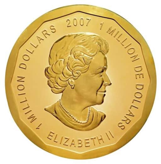 This undated photo released by the Dorotheum auction house in Vienna, Austria, shows the world`s largest gold coin, which was auctioned Friday June 25, 2010, for euro 3.27 million (US dollar 4 million). The 2007 one million dollars Canadian Maple Leaf coin featuring an image of Britain`s Queen Elizabeth II, weighs 100 kilograms (220 pounds) and has a diameter of 53 centimeters (21 inches). It was won by Spanish precious metal trading company Oro Direct.