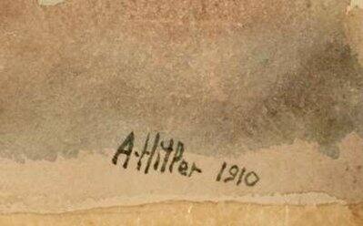 A copy of part of a painting, showing the signature detail, attributed to Adolf Hitler is seen in Birtley, Shropshire, western England April 15, 2009. A selection of paintings attributed to Hitler will be auctioned by Mullock`s auctioneers on April 23 at Ludlow Racecourse in Shropshire.