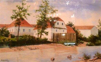 Auction house Weidler in Nuremberg, southern Germany, shows the watercolor painting `Farm Buildings on the River` (Hofanlage am Fluss) painted by Adolf Hitler in 1914.