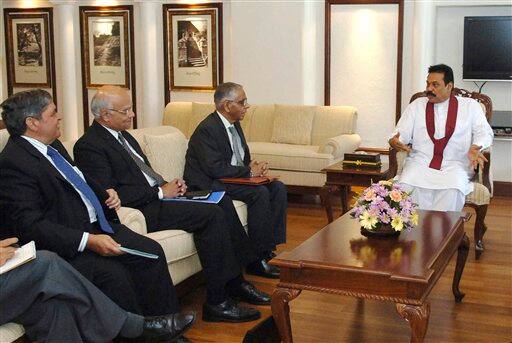 Indian National Security Adviser M.K. Narayanan, second right, and Indian Foreign Secretary Shivshankar Menon, second left, hold a meeting with Sri Lankan President Mahinda Rajapaksa in Colombo, Sri Lanka.