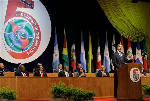 President Barack Obama delivers a speech during the inauguration of the 5th Summit of the Americas in Port of Spain, Trinidad and Tobago, Friday April 17, 2009.