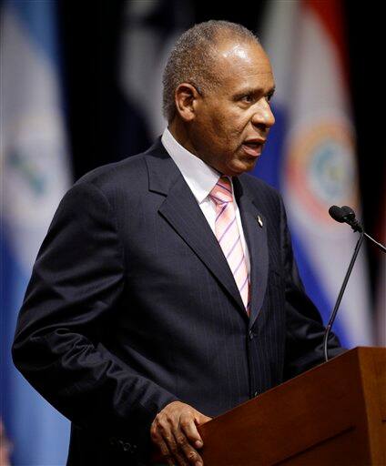 Trinidad and Tobago`s Prime Minister Patrick Manning delivers a speech during the 5th Summit of the Americas in Port of Spain, Trinidad and Tobago, Friday April 17, 2009.