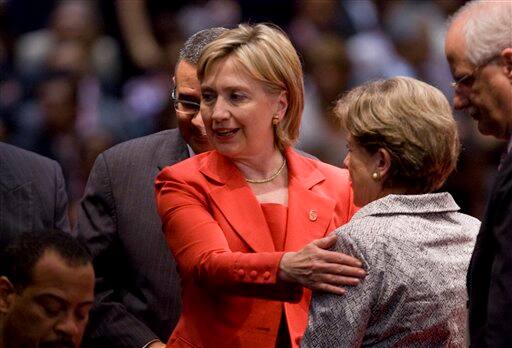 U.S. Secretary of State Hillary Clinton arrives to the opening ceremony of the Summit of the Americas on Friday, April 17, 2009 in Port-of-Spain, Trinidad and Tobago.