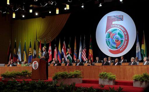 resident Barack Obama gestures during remarks at the opening ceremony of the Summit of the Americas on Friday, April 17, 2009 in Port-of-Spain, Trinidad and Tobago.