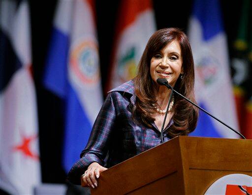 Argentina`s President Cristina Fernandez speaks during the opening session of the 5th Summit of the Americas in Port of Spain, Trinidad and Tobago, Friday, April 17, 2009.