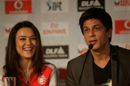 Bollywood movie stars Shah Rukh Khan, right, and Preity Zinta, left, speak at a press conference ahead of the Indian Premier League Twenty20 cricket matches to be held over the weekend in Cape Town, South Africa