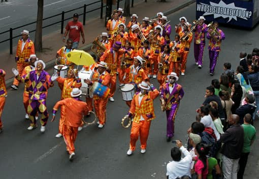 Performers seen during a parade through the streets of Cape Town, ahead of the Indian Premier League Twenty20 cricket matches to be held over the weekend in Cape Town