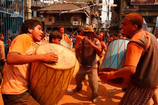 Locals of Thimi celebrate the Bisket Jatra Hindu festival on the outskirts in Katmandu, Nepal, Wednesday, April 15, 2009. During this festival, also regarded as a New Year festival.