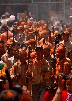 Locals of Thimi participate in a rally to celebrate the Bisket Jatra Hindu festival on the outskirts in Katmandu, Nepal, Wednesday, April 15, 2009. During this festival, also regarded as a New Year festival.