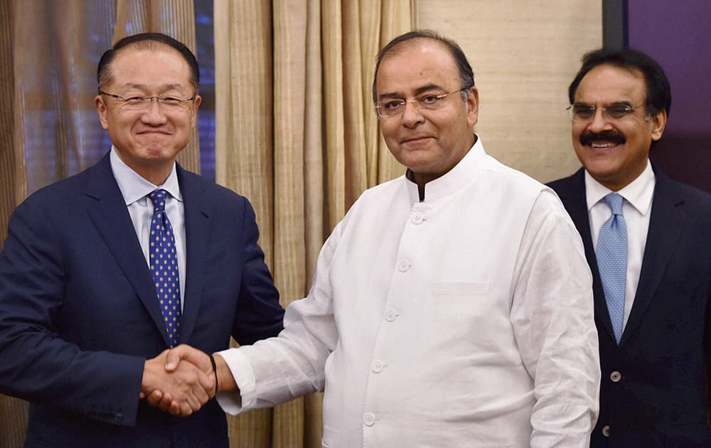 Finance Minister Arun Jaitley greets World Bank President Jim Yong Kim during a meeting at North Block in New Delhi.