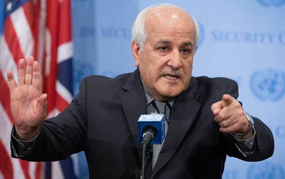 Palestinian UN Ambassador Riyad Mansour speaks during an emergency meeting of the UN Security Council on the worsening situation in Gaza at United Nations headquarters.