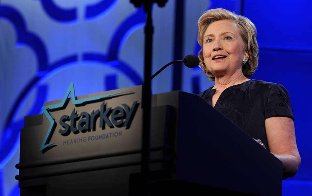 Former US Secretary of State Hillary Rodham Clinton speaks at the Starkey Hearing Foundation`s `So the World May Hear` Awards Gala in St. Paul, Minn. 