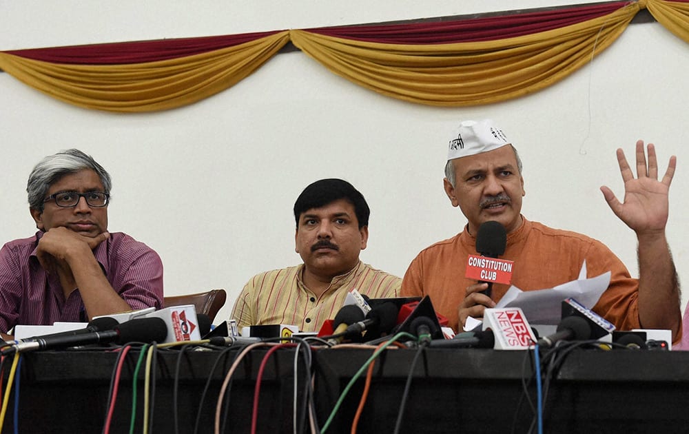 AAP leaders Manish Sisodia, Sanjay Singh, Gopal Rai and Ashutosh during a press conference in New Delhi.