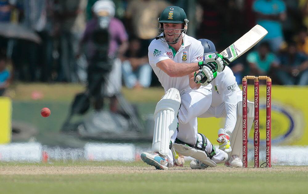 South African batsman AB de Villiers plays a shot during the fourth day of the first test cricket mach between Sri Lanka and South Africa in Galle, Sri Lanka.