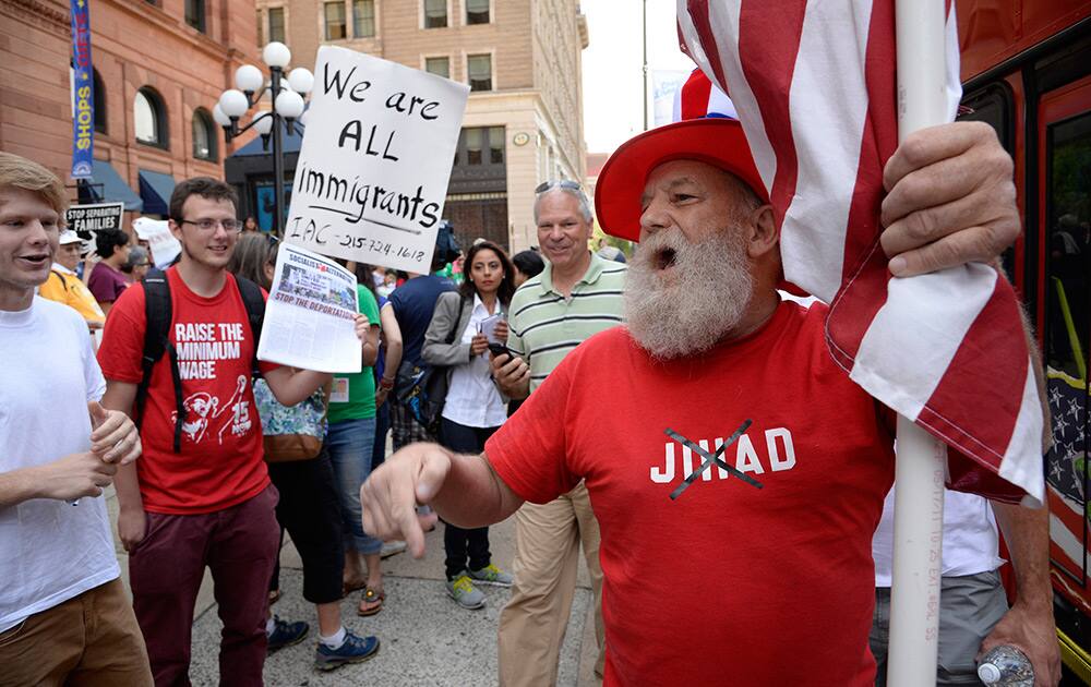 The Independence Hall Tea Party Association stages a rally in front of The Bourse Building, which houses the Mexican Consulate in Philadelphia, Pa.