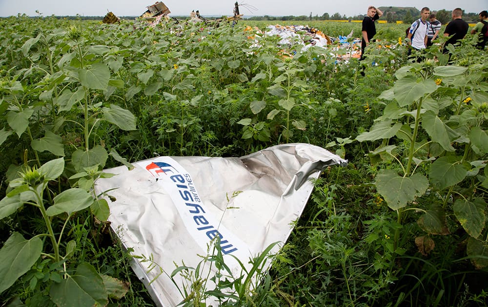 A piece of a plane with the sign `Malaysia Airlines` lies in the grass as a group of Ukrainian coal miners search the site of a crashed Malaysian passenger plane near the village of Rozsypne, Ukraine.