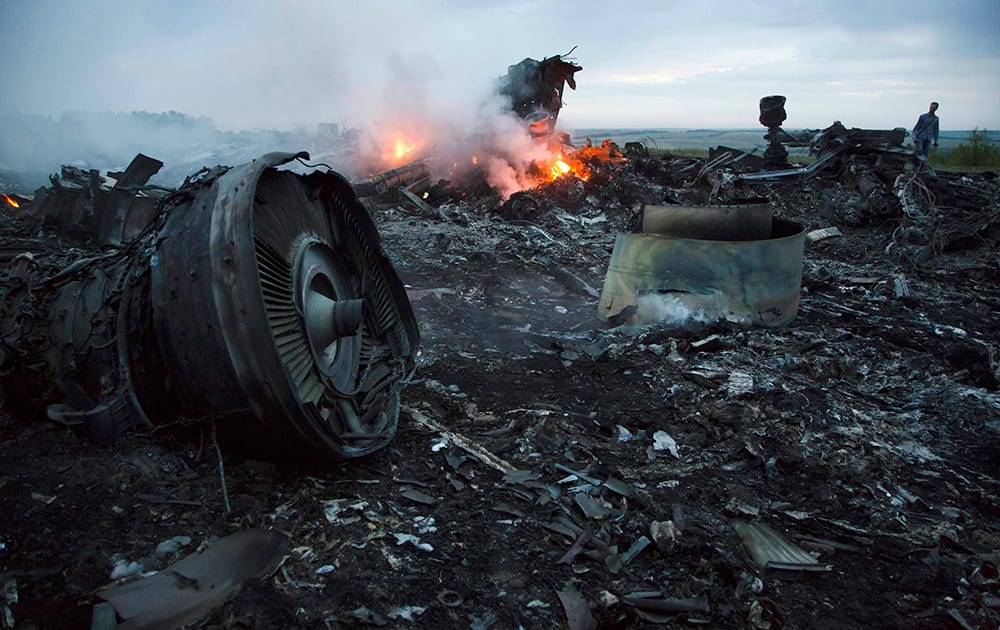 A man walks amongst the debris at the crash site of a passenger plane near the village of Hrabove, Ukraine.