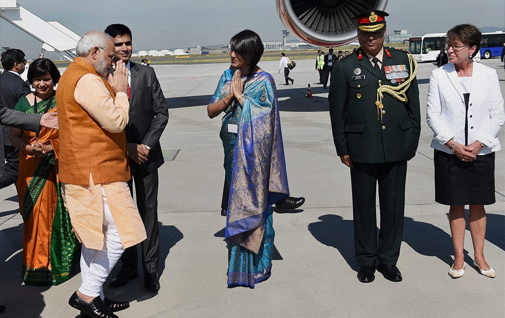 Prime Minister Narendra Modi upon his arrival at Frankfurt International Airport on Thursday on his way back to New Delhi after BRICS Summit.