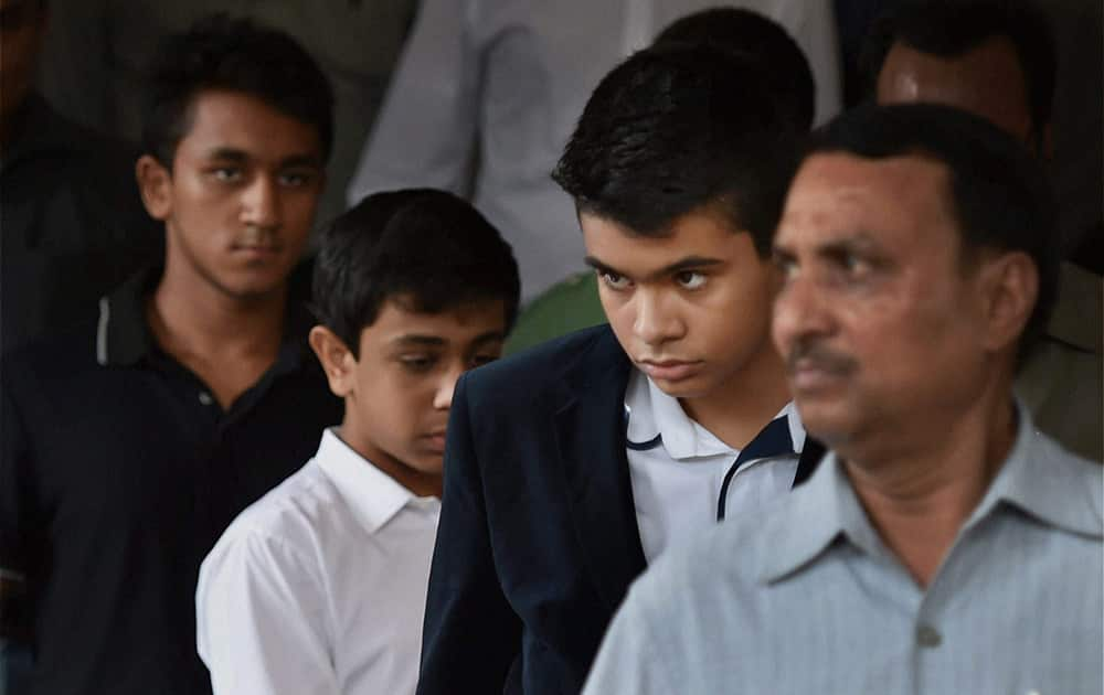 Priyanka Vadra`s son Rehan with his friends come out after visiting Parliament house in New Delhi.