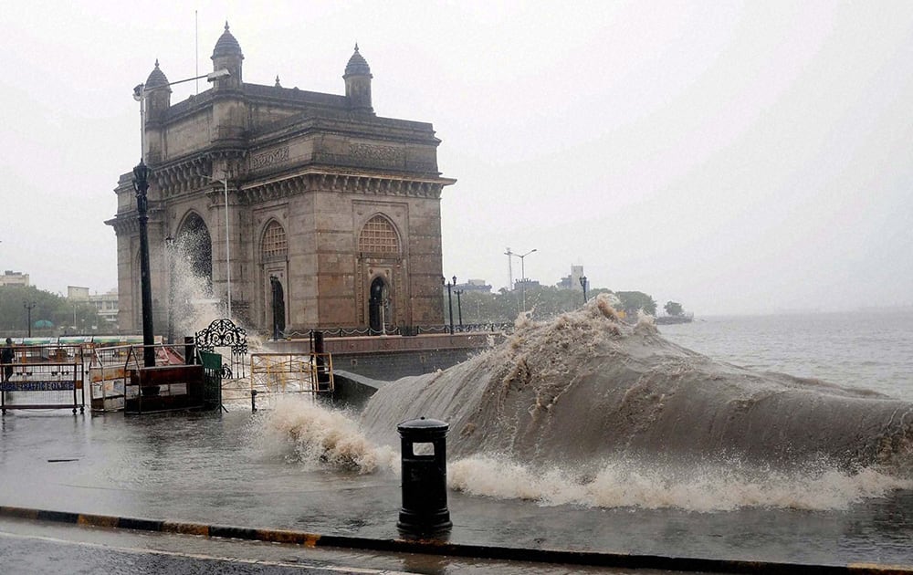 A view of Gateway of India during the high tide due to continue rain in Mumbai.