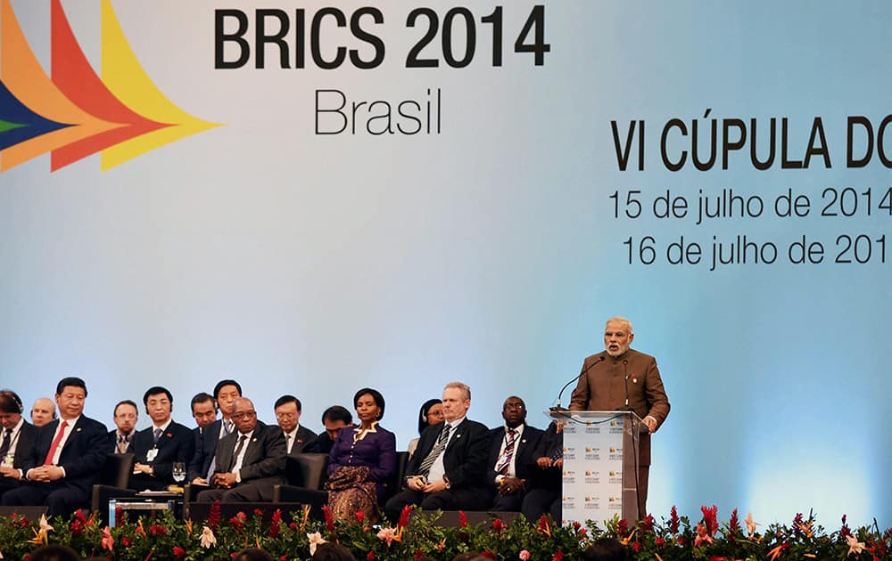 Prime Minister Narendra Modi addresses the plenary session of 6th BRICS Summit in Ceara events centre, Fortaleza in Brazil.